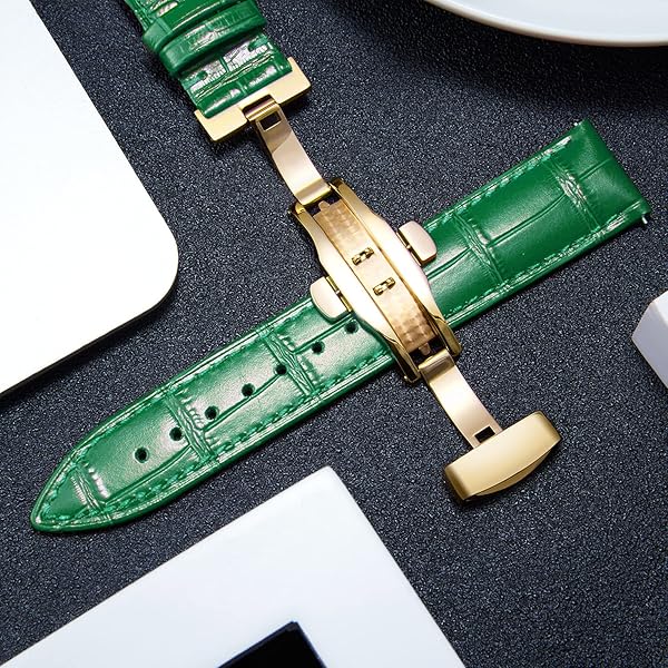 BINLUN BINLUN Leather Watch Strap Quick Release with Gold Buckle 19mm for Men and Women in Green Color - View 5 of 7
