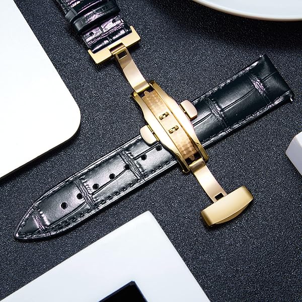 BINLUN BINLUN Leather Watch Strap Quick Release with Gold Buckle 16mm Stylish Band for Men and Women in Black - View 5 of 7