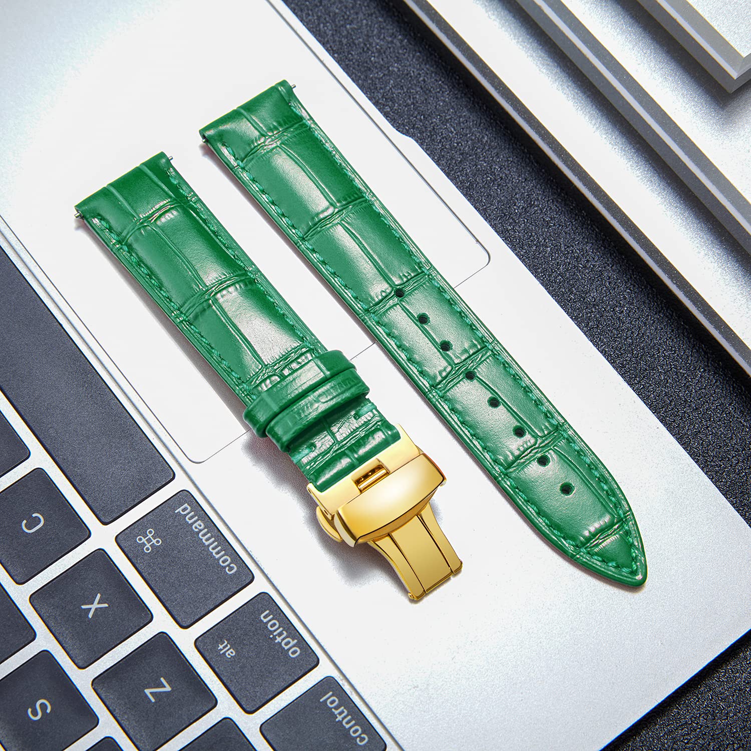 BINLUN Leather Watch Strap Quick Release with Gold Buckle 20mm for Men Women Available in Green Multiple Sizes - View 2 of 6