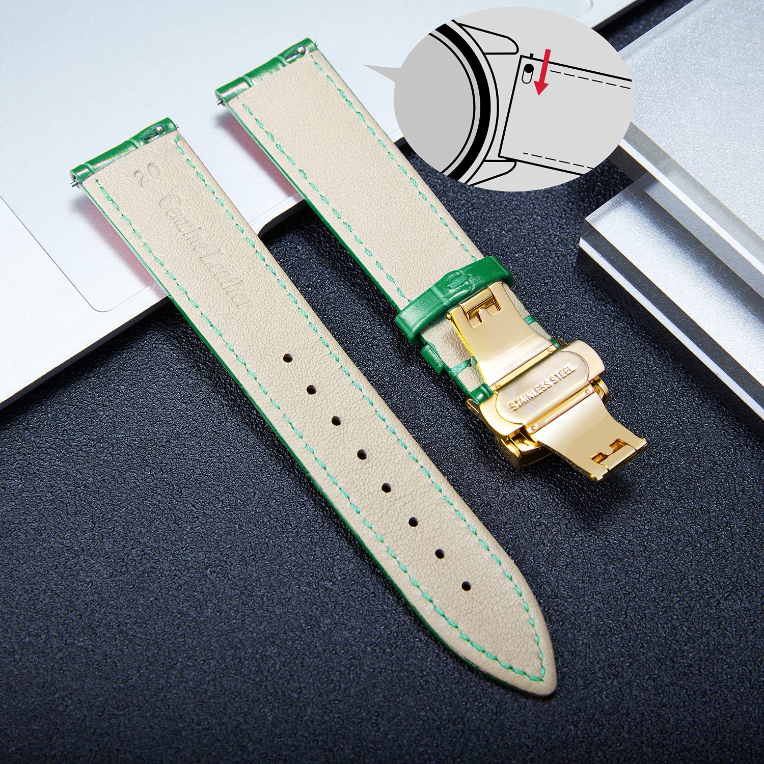 BINLUN Leather Watch Strap Quick Release with Gold Buckle 20mm for Men Women Available in Green Multiple Sizes - View 3 of 6