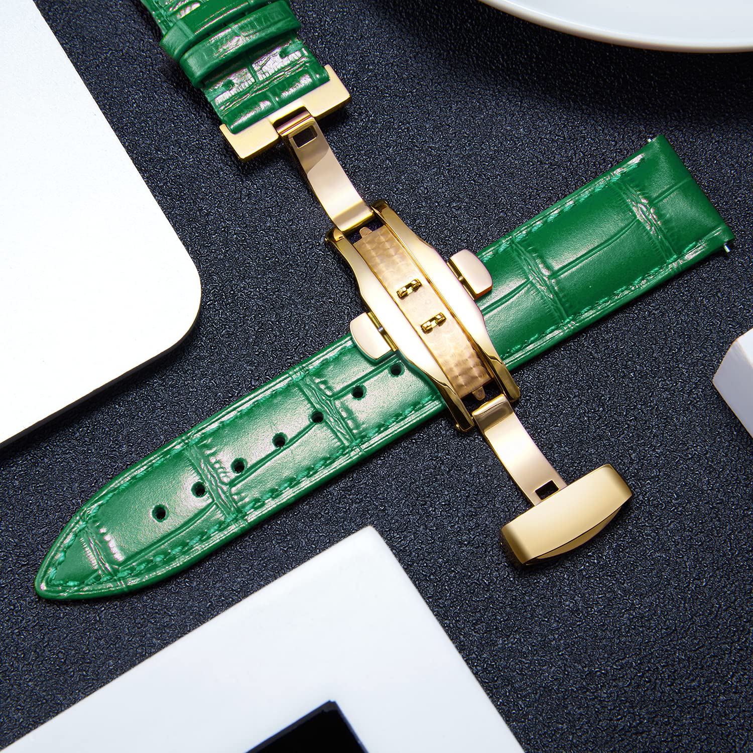 BINLUN Leather Watch Strap Quick Release with Gold Buckle 20mm for Men Women Available in Green Multiple Sizes - View 4 of 6