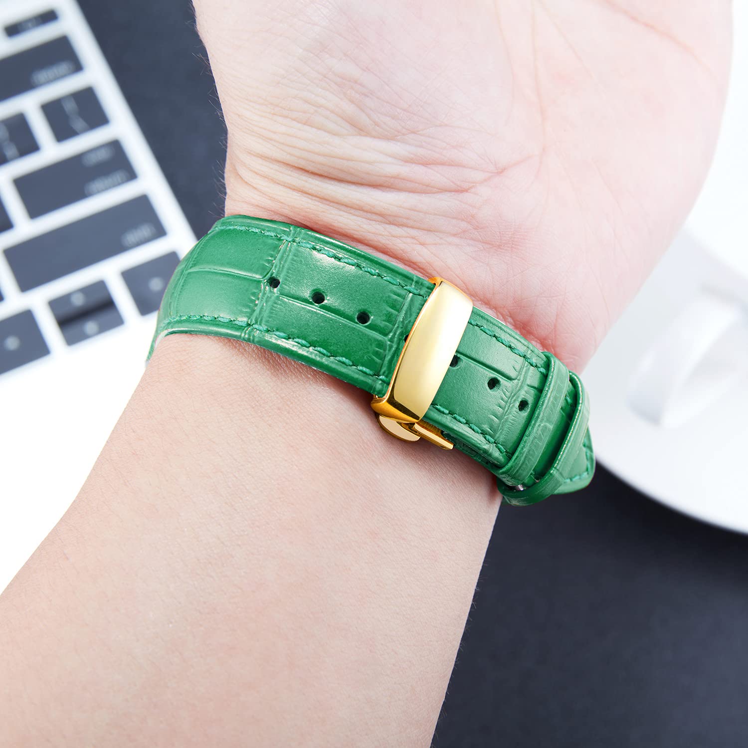 BINLUN Leather Watch Strap Quick Release with Gold Buckle 20mm for Men Women Available in Green Multiple Sizes - View 5 of 6
