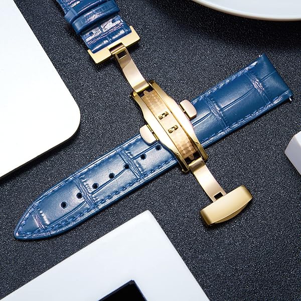 BINLUN BINLUN Leather Watch Strap Quick Release with Gold Buckle 16mm for Men Women Stylish Blue Watch Band - View 5 of 7