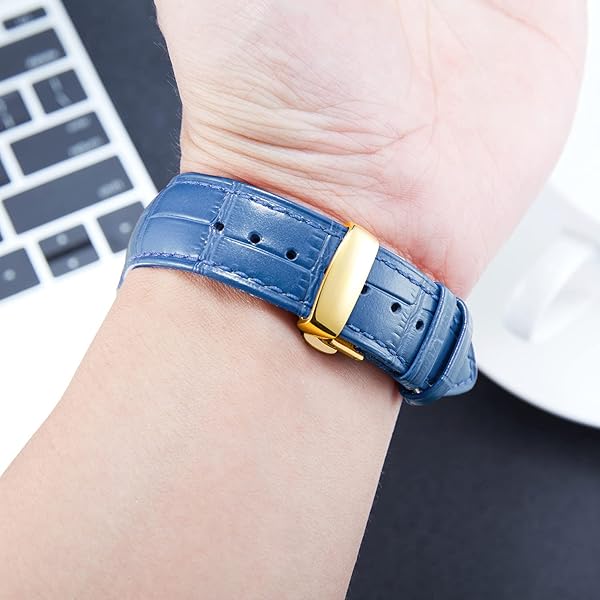 BINLUN BINLUN Leather Watch Strap Quick Release with Gold Buckle 16mm for Men Women Stylish Blue Watch Band - View 6 of 7
