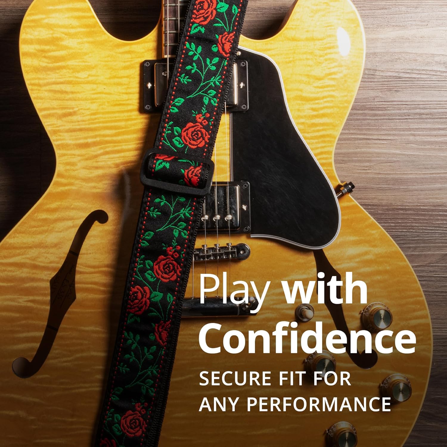 KLIQ Music Gear KLIQ Vintage Guitar Strap for Acoustic and Electric Guitar in Rose Red with 2 Rubber Strap Locks and '60s Jacquard Hootenanny Style - View 3 of 7