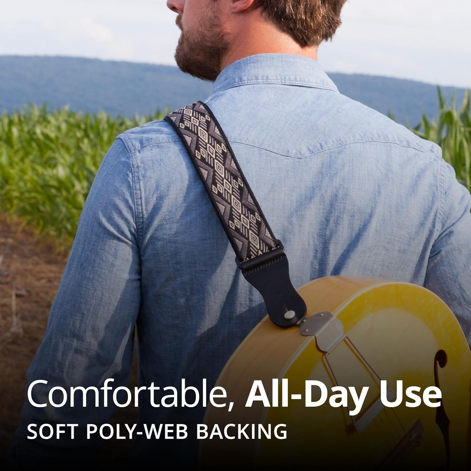 KLIQ Music Gear KLIQ Vintage Guitar Strap for Acoustic and Electric Guitar in Rose Red with 2 Rubber Strap Locks and '60s Jacquard Hootenanny Style - View 4 of 7