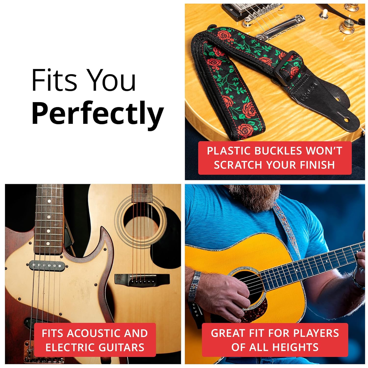 KLIQ Music Gear KLIQ Vintage Guitar Strap for Acoustic and Electric Guitar in Rose Red with 2 Rubber Strap Locks and '60s Jacquard Hootenanny Style - View 6 of 7