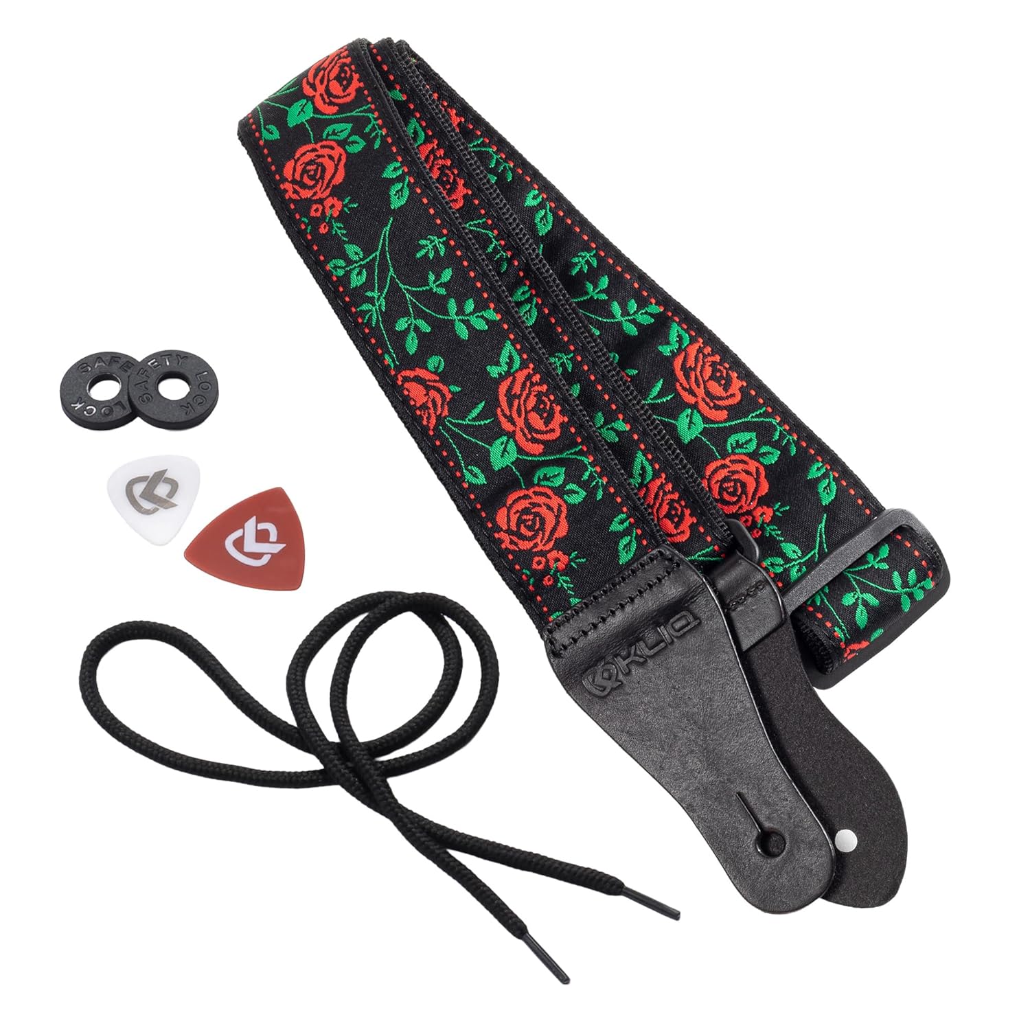 KLIQ Music Gear KLIQ Vintage Guitar Strap for Acoustic and Electric Guitar in Rose Red with 2 Rubber Strap Locks and '60s Jacquard Hootenanny Style