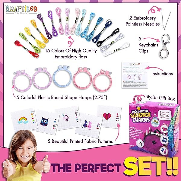 CRAFTILOO Top 5 Cross Stitch Kits for Beginners & Kids: Easy Stamped Kits & Fun Backpack Charms - View 4 of 11