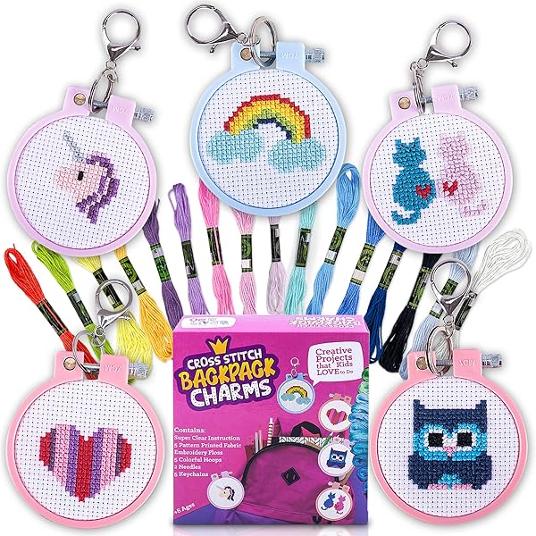 CRAFTILOO Top 5 Cross Stitch Kits for Beginners & Kids: Easy Stamped Kits & Fun Backpack Charms