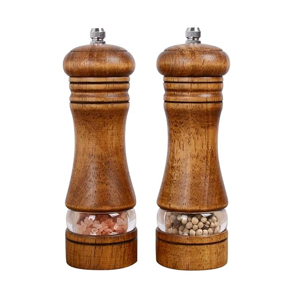 Haomacro "Haomacro 6.5" Wood Salt and Pepper Grinder Set - Adjustable Ceramic Manual Mills with Acrylic Window (2 Pack)"