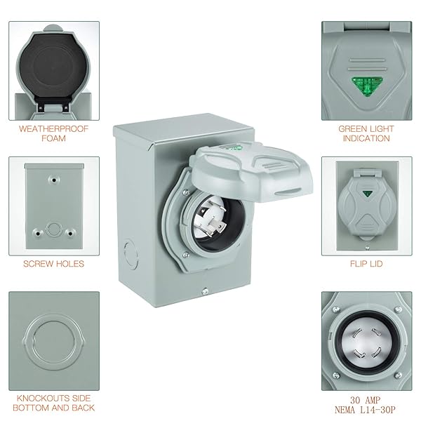 Miady Miady 30 Amp Generator Power Inlet Box L14-30P 125250 Volt for Generators Up to 7500 Watts Weatherproof ETL Listed - View 3 of 8