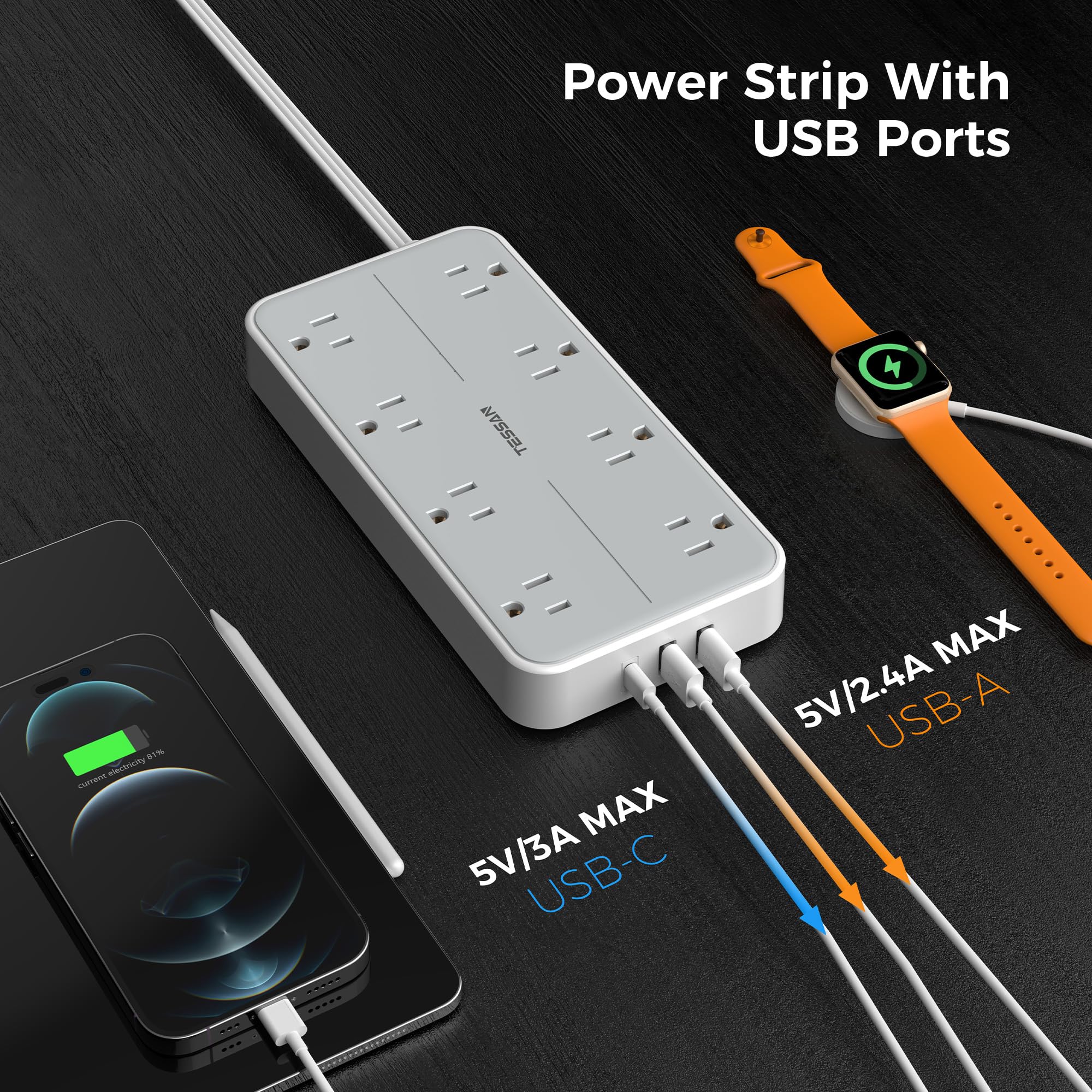 TESSAN TESSAN Power Strip Surge Protector with 8 Outlets and 3 USB Chargers for Home Office and Dorm Room Essentials - View 4 of 6