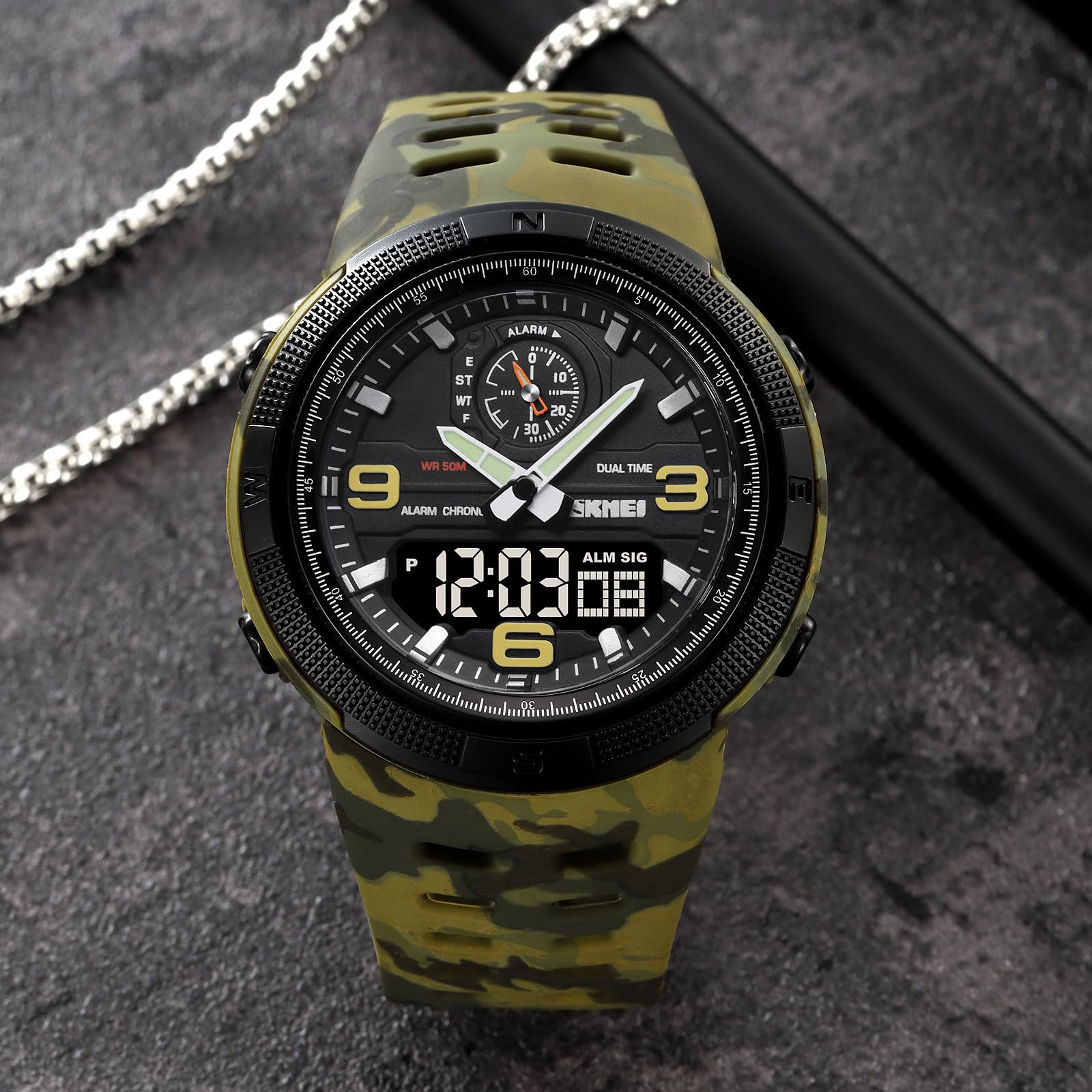 Gosasa Mens Analog Digital LED Waterproof Outdoor Sport Watch Military Multifunction Casual Dual Display Army Green Camo - View 3 of 7