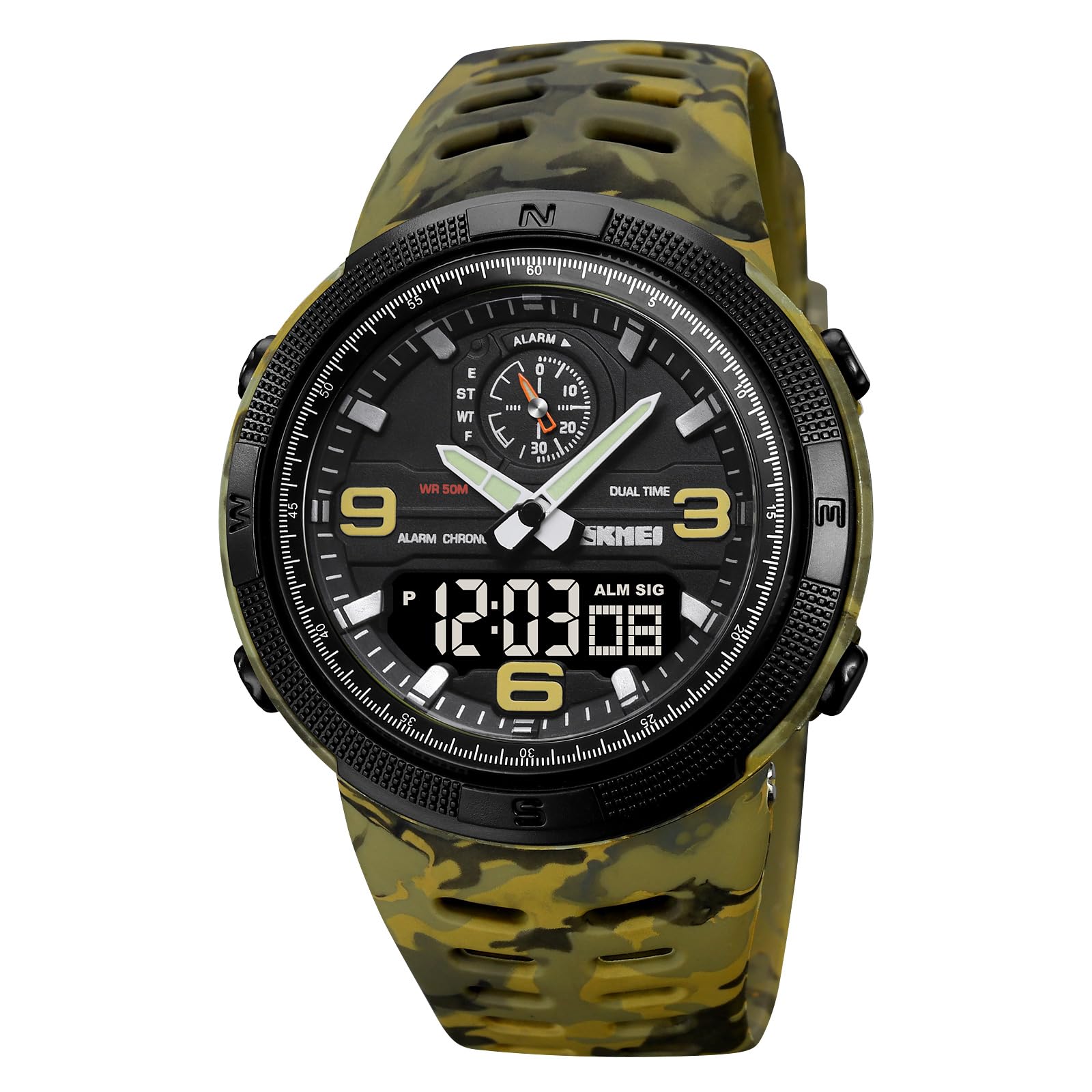 Mens Analog Digital LED Waterproof Outdoor Sport Watch Military Multifunction Casual Dual Display Army Green Camo