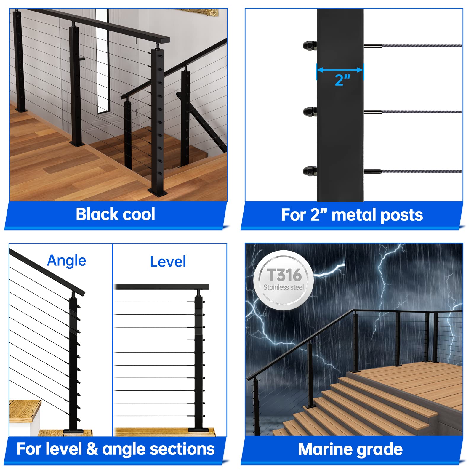 Muzata "Muzata 10 Pack 1/8" Black Cable Railing Kit - T316 Stainless Steel Hand Swage Tensioners for 2x2 Metal Posts" - View 3 of 6