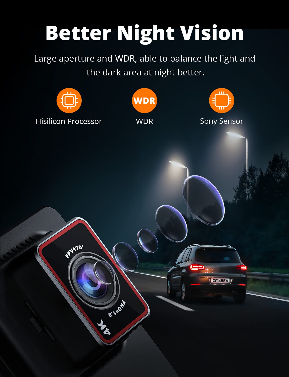 Kingslim Kingslim D4 Dual Dash Cam 4K Front 1080P Rear WiFi GPS 3 Inch Touchscreen 170 Degree FOV Sony Sensor Supports 256GB for Cars - View 4 of 9