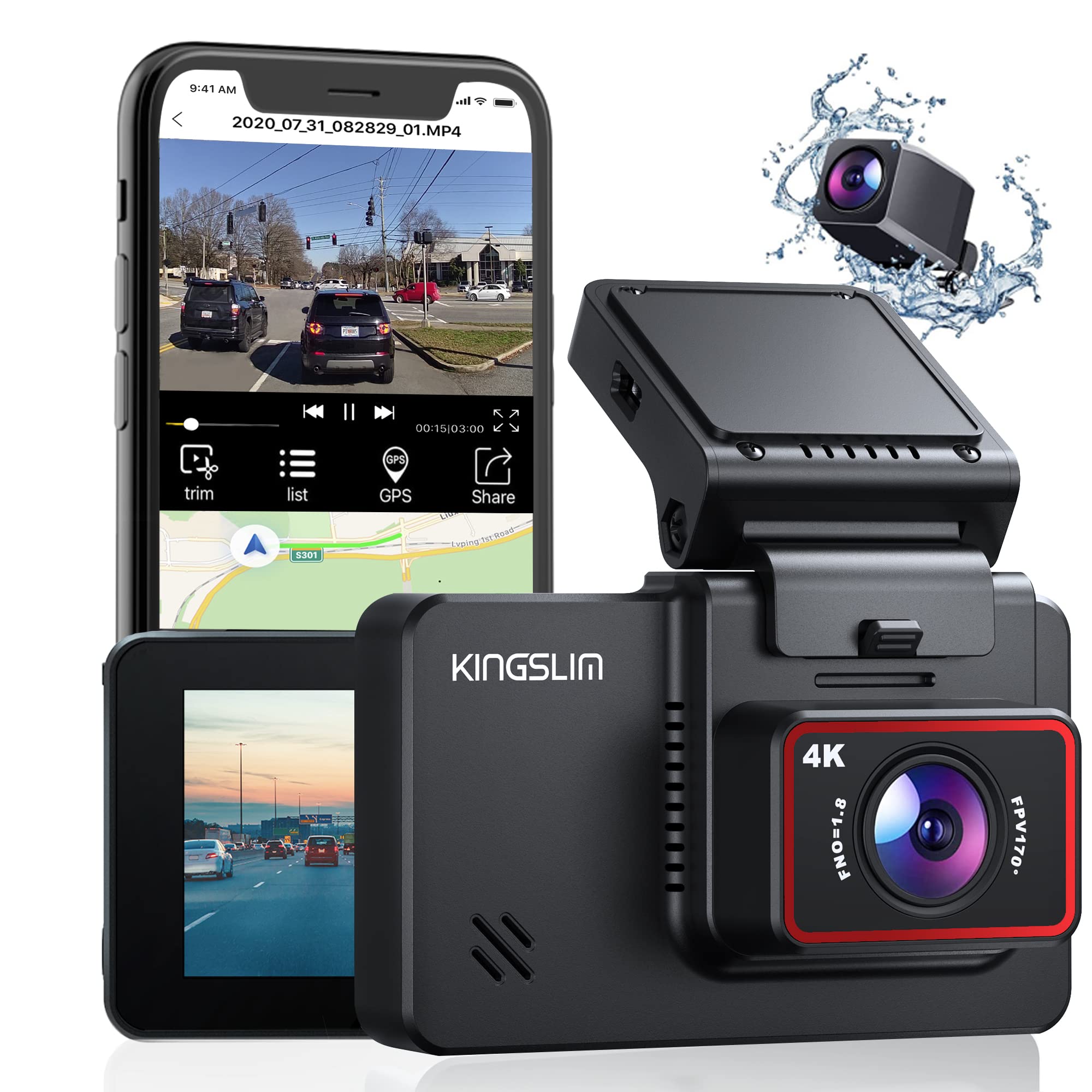 Kingslim Kingslim D4 Dual Dash Cam 4K Front 1080P Rear WiFi GPS 3 Inch Touchscreen 170 Degree FOV Sony Sensor Supports 256GB for Cars