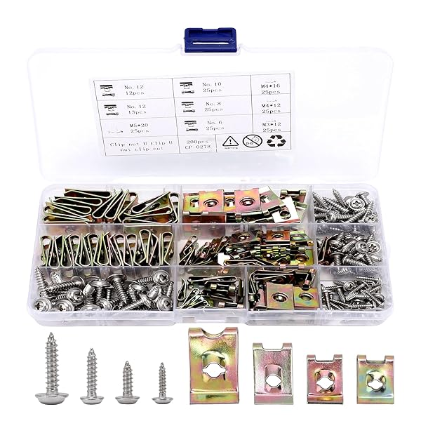 Qiilu 200PCS Car U Clips and Screw Assortment Kit for Interior Trim Fasteners with Stainless Steel Screws for Dash and Door Panel