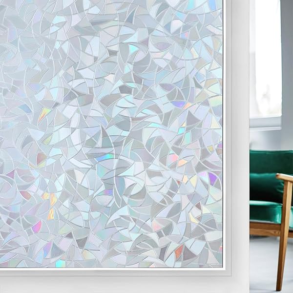 Rabbitgoo Rainbow Window Privacy Film 3D Static Stained Glass Cling Tint for Home Heat Control Grayish Silver 17.5 x 78.7 inches