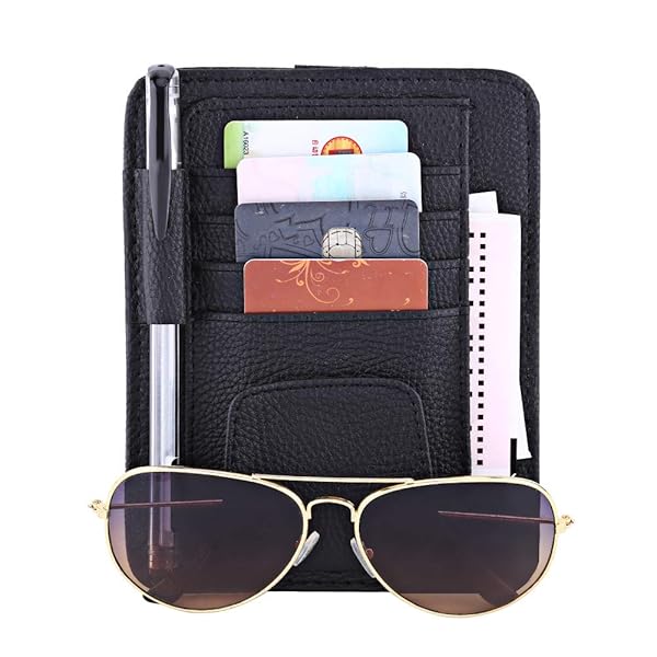 Visor Card Holder for Car Multi-Function Sunglasses Clip PU Leather Organizer for Credit Cards and Money Black