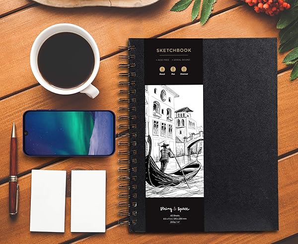 String & Space Artist's Sketchbook Hardcover - 200GSM Thick Paper, Large Spiral Pad for Drawing & Mixed Media - 40 Sheets, 8.25 x 11.4 - View 7 of 8