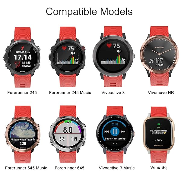 ISABAKE ISABAKE Soft Silicone Watch Band for Garmin Forerunner 245 645 Vivoactive 3 Venu Sq Vivomove HR 20mm Replacement Wristbands Red - View 7 of 8