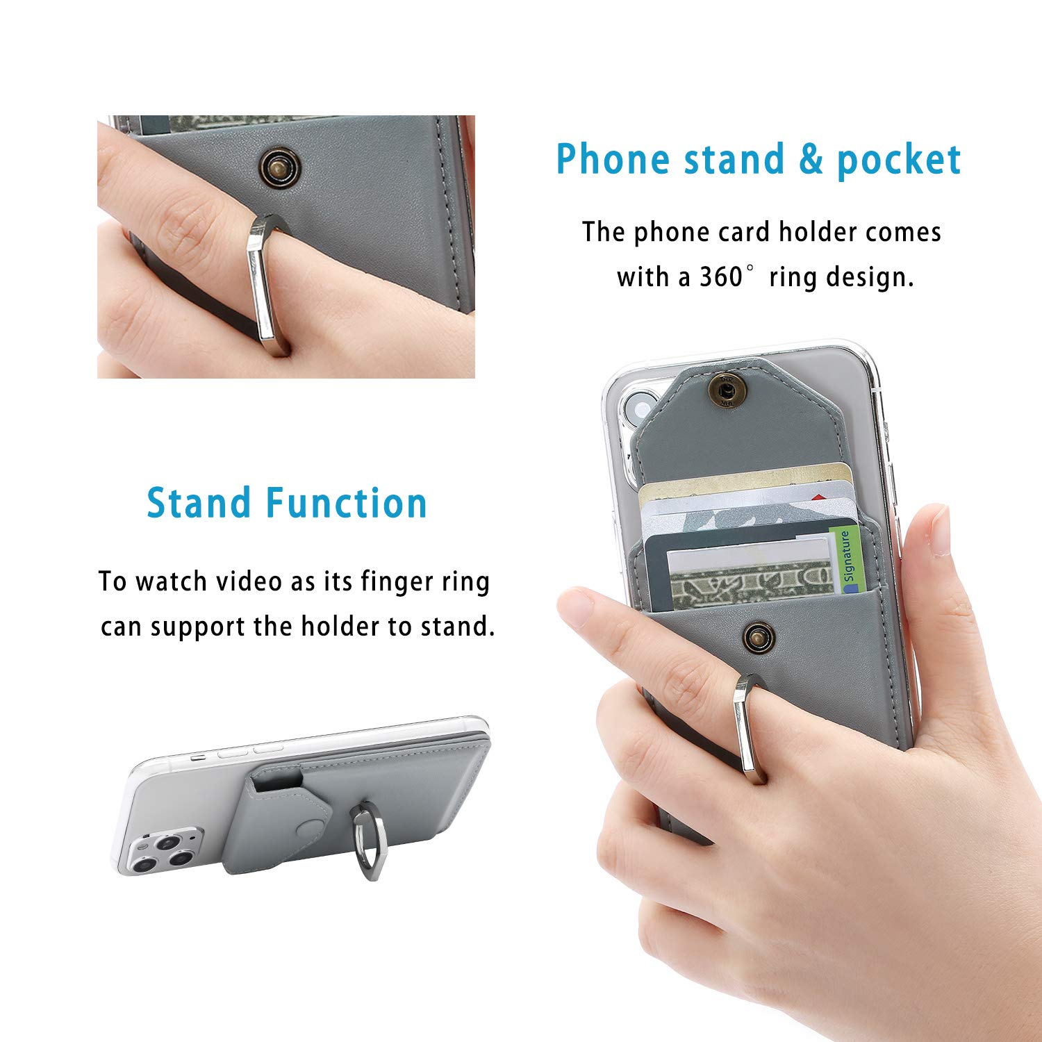 YUNCE YUNCE RFID Card Holder and Ring Stand for iPhone, Android, All Smartphones - Light Grey - View 3 of 6