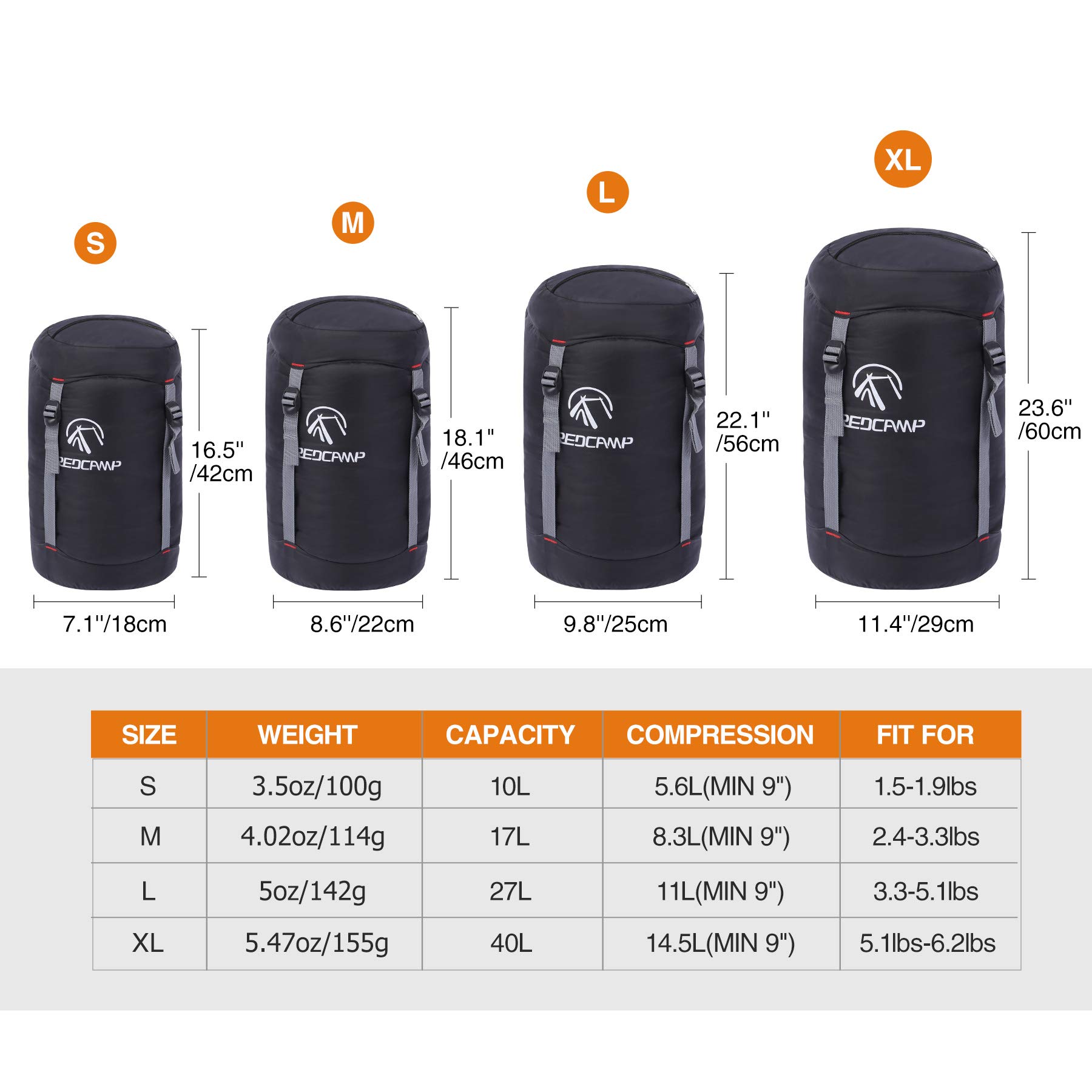 REDCAMP REDCAMP Nylon Compression Stuff Sack, Ultralight Sleeping Bag Compression Sack Great for Camping, Backpacking, Hiking, Black M - View 2 of 7