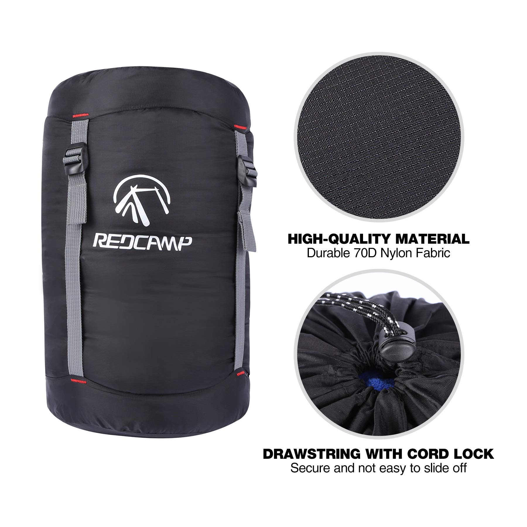 REDCAMP REDCAMP Nylon Compression Stuff Sack, Ultralight Sleeping Bag Compression Sack Great for Camping, Backpacking, Hiking, Black M - View 5 of 7