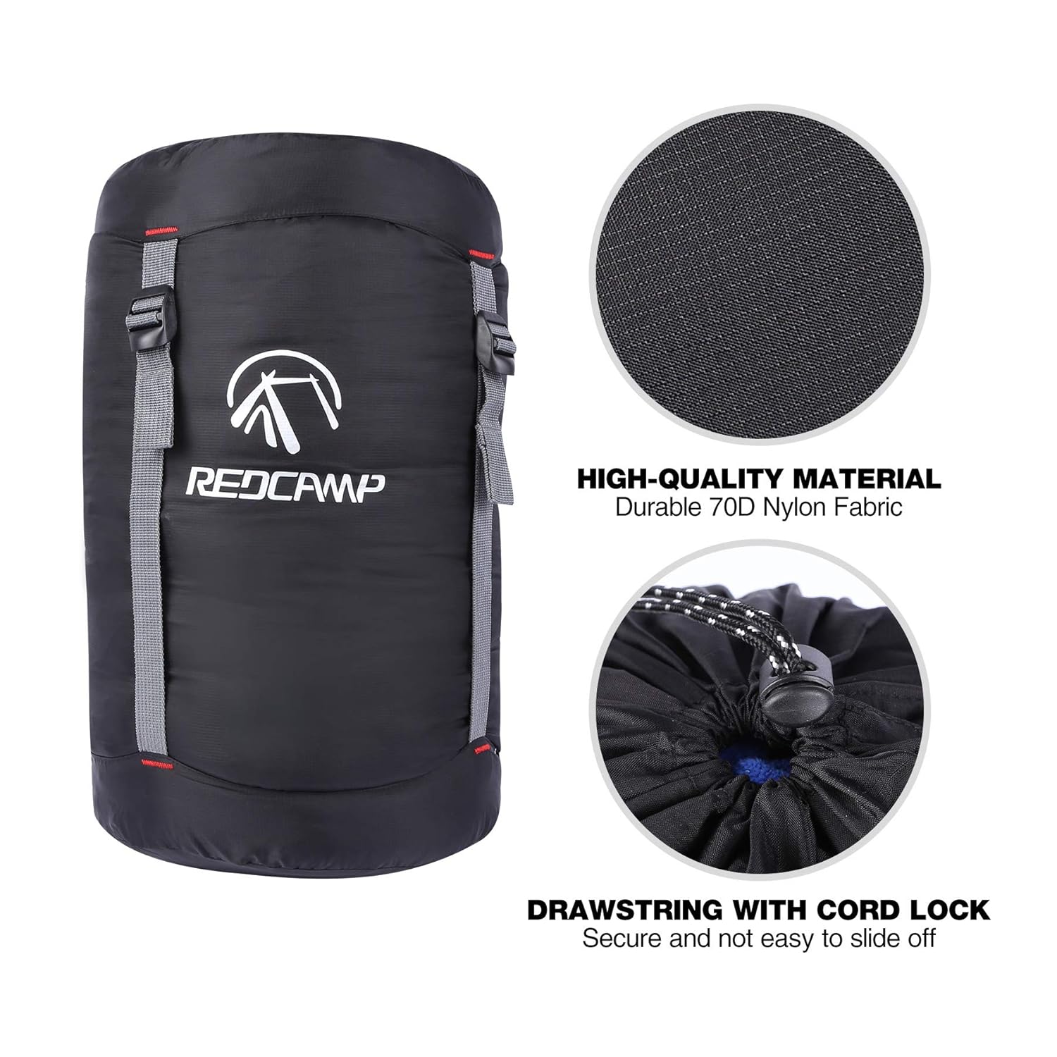 REDCAMP REDCAMP Nylon Compression Stuff Sack, Ultralight Sleeping Bag Compression Sack Great for Camping, Backpacking, Hiking, Black S - View 5 of 7