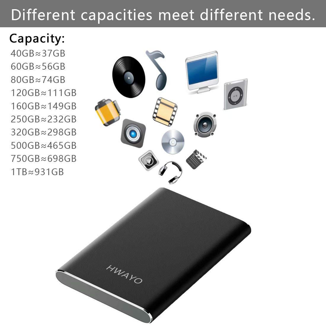 HWAYO HWAYO 250GB Portable External Hard Drive USB3.1 Type C Ultra Slim HDD for PC Desktop Laptop Mac Xbox One Black - View 5 of 7