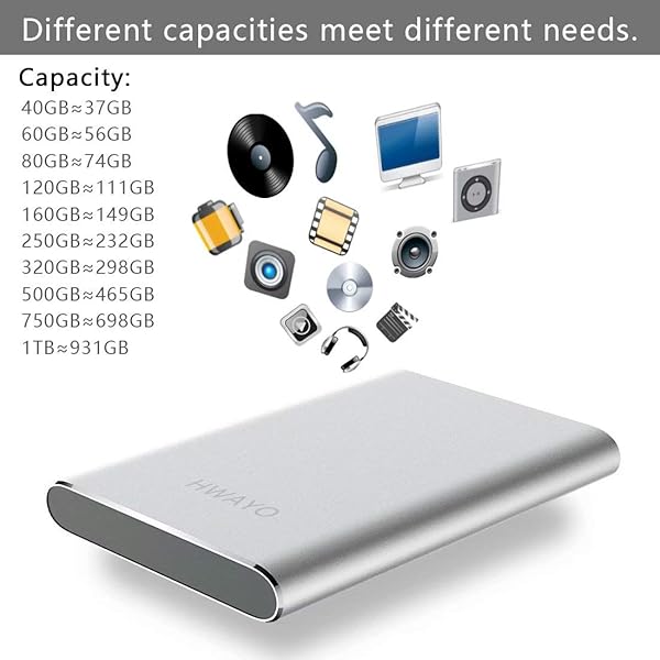 HWAYO HWAYO 320GB Portable External Hard Drive USB3.1 Gen 1 Type C Ultra Slim 2.5 Inch Compatible with PC Laptop Mac Xbox One Silver - View 8 of 9