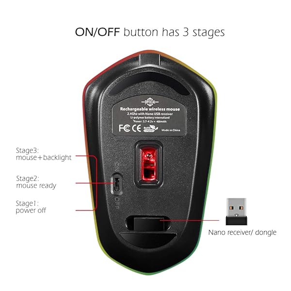 Hengway Rechargeable Wireless Mouse with Backlit Li-Polymer Battery Optical Sensor Nano USB Receiver 3 DPI Levels for PC Laptop Tablet MacBook Solo Firework - View 8 of 8