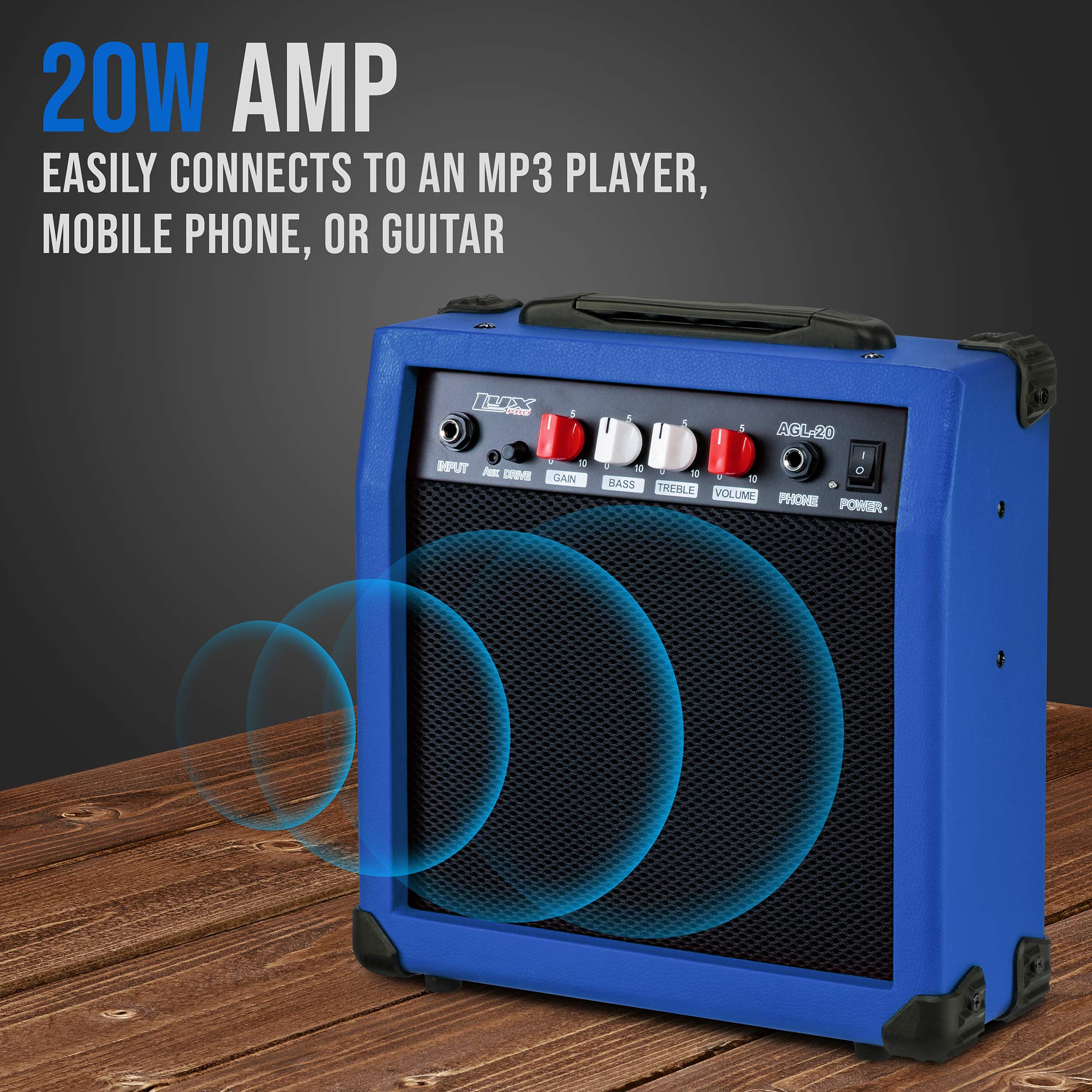LyxPro LyxPro Electric Guitar Amp 20 Watt Amplifier Built in Speaker Headphone Jack and Aux Input Includes Gain Bass Treble Volume and Grind - Blue - View 3 of 6