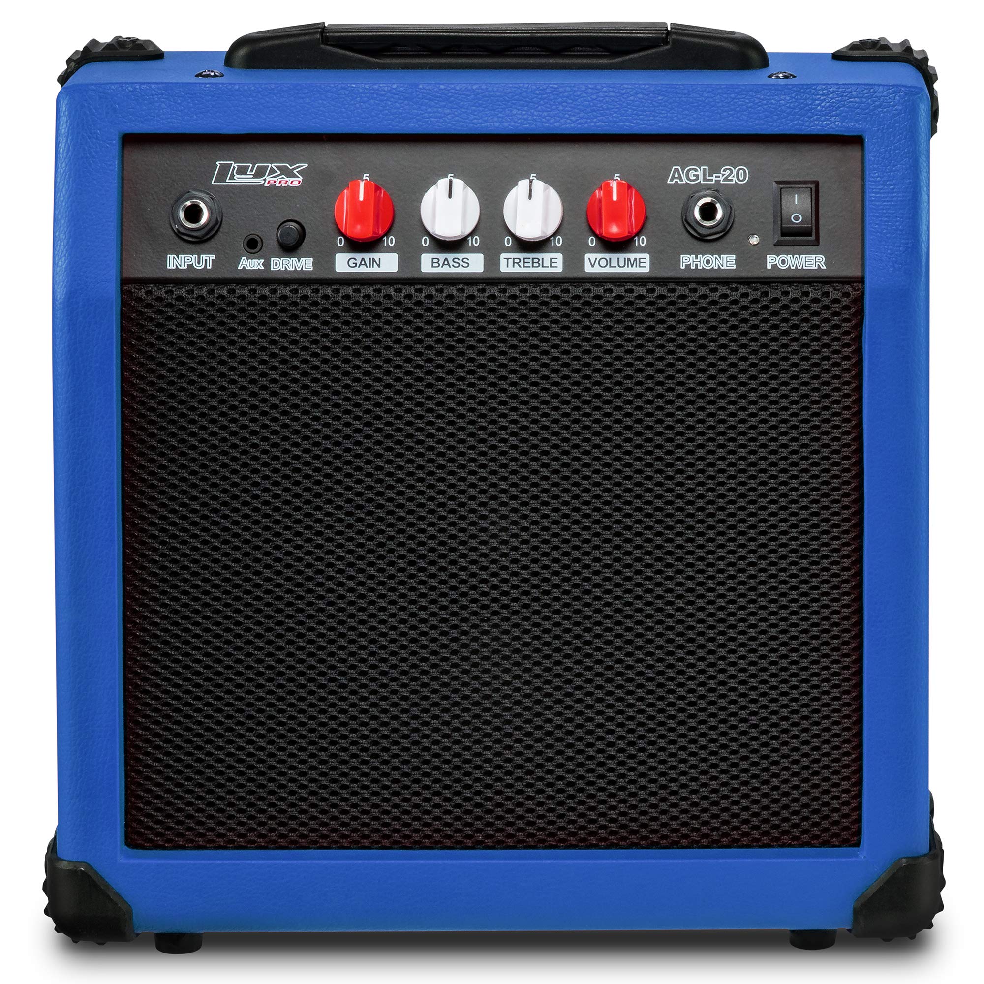 LyxPro Electric Guitar Amp 20 Watt Amplifier Built in Speaker Headphone Jack and Aux Input Includes Gain Bass Treble Volume and Grind - Blue