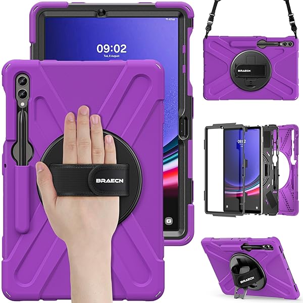 BRAECN Rugged Heavy Duty Case for Samsung Galaxy Tab S8 Plus S7 Plus S7FE with S Pen Holder and Kickstand 12.4 Inch Purple