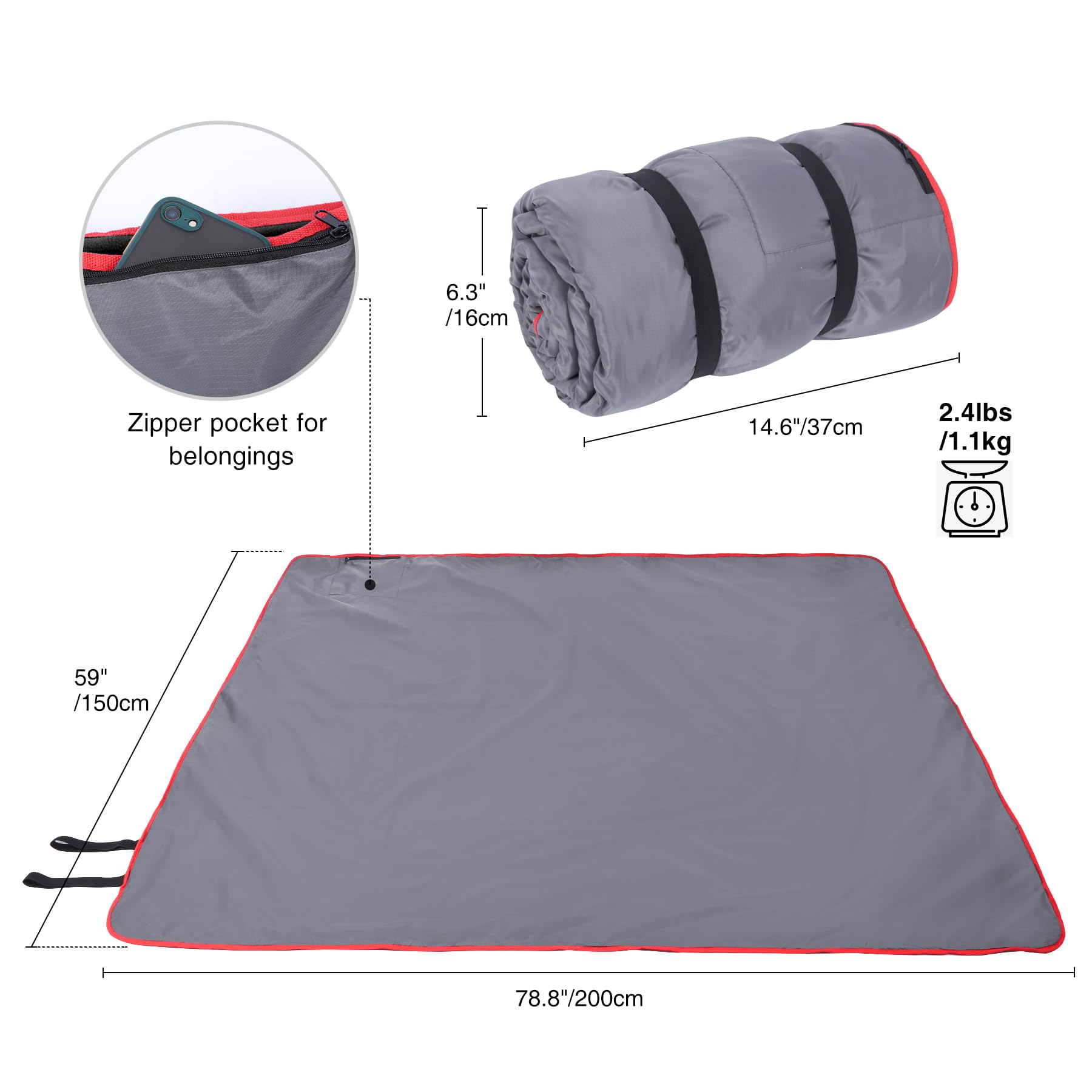 REDCAMP REDCAMP Large Waterproof Stadium Blanket for Cold Weather, Soft Warm Fleece Camping Blanket Windproof for Outdoor Sports, Blue Red (Outer Grey Inner - View 2 of 7