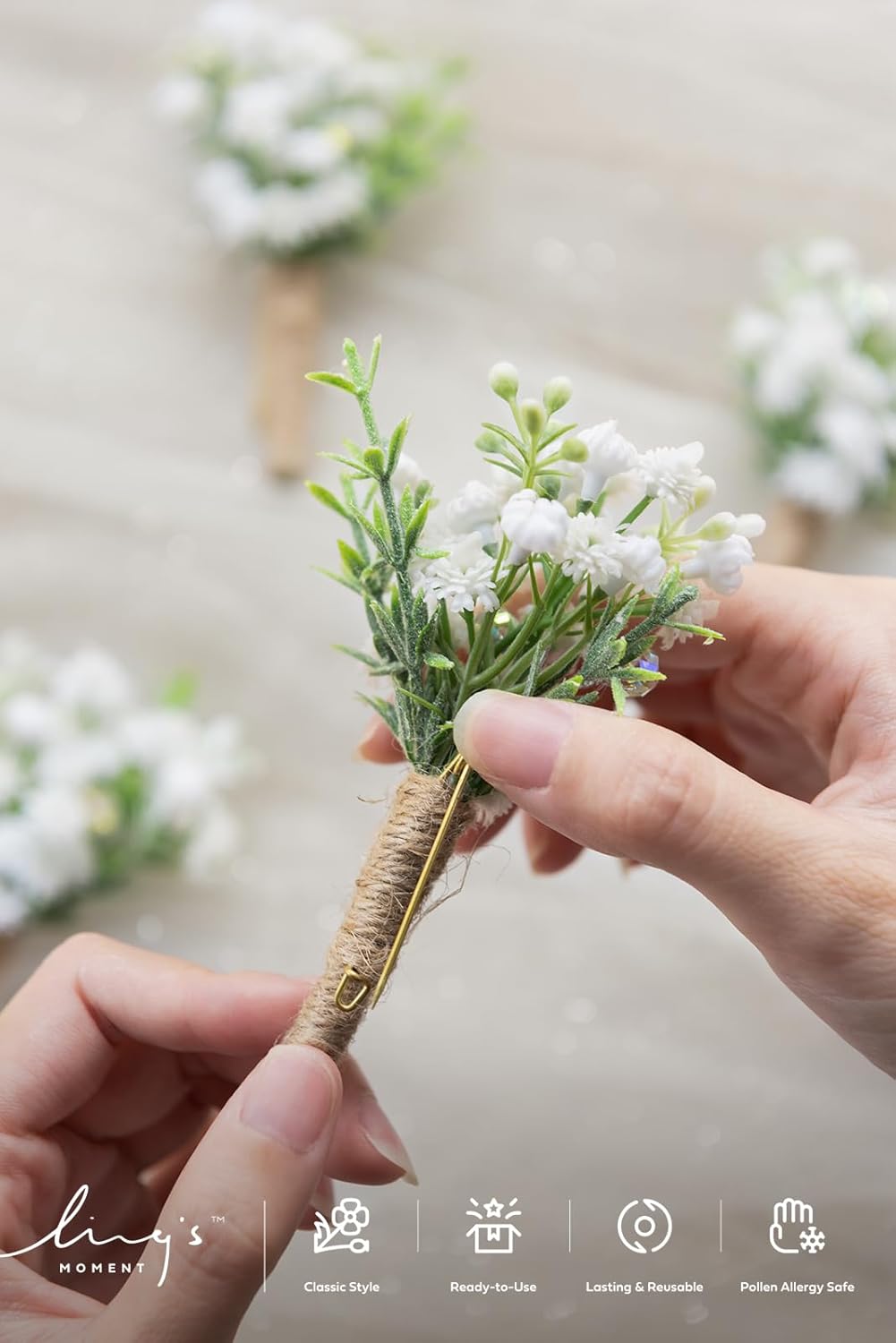 Ling's moment Ling's Moment Baby Breath Boutonniere Set of 10 for Men Wedding Eucalyptus Groom Groomsmen Vintage Flowers for Ceremony Anniversary Prom - View 5 of 9
