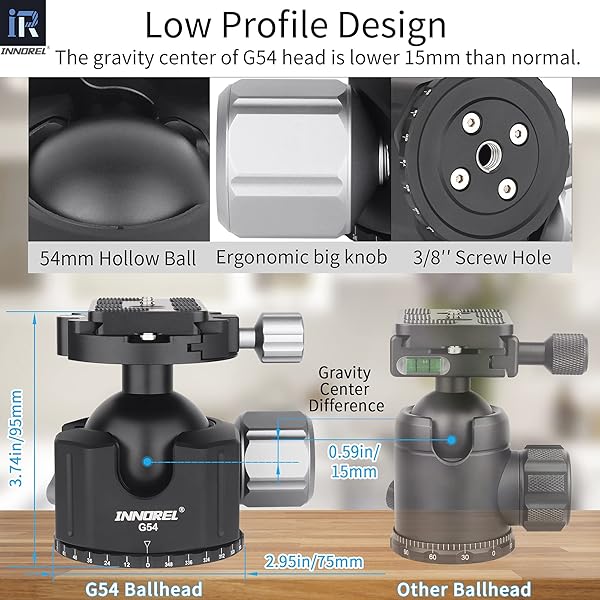 INNOREL INNOREL Low Profile Tripod Ball Head CNC Metal Camera Ballhead with Quick Release Plate for Tripods Monopod DSLR Camcorder Max Load 44lb - View 4 of 10