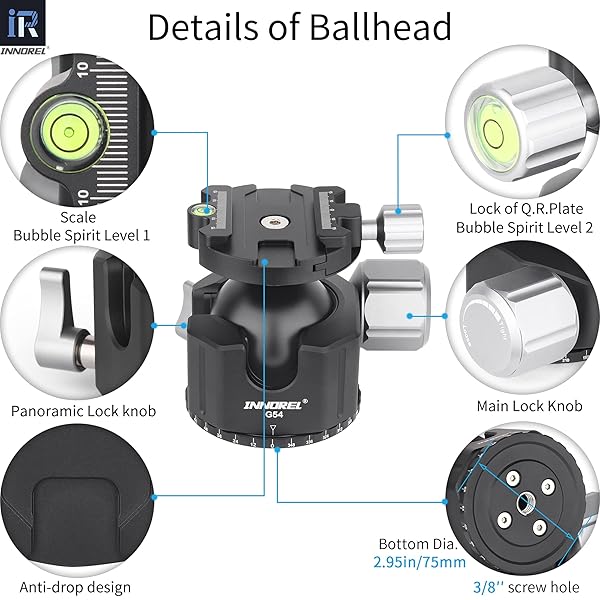 INNOREL INNOREL Low Profile Tripod Ball Head CNC Metal Camera Ballhead with Quick Release Plate for Tripods Monopod DSLR Camcorder Max Load 44lb - View 7 of 10