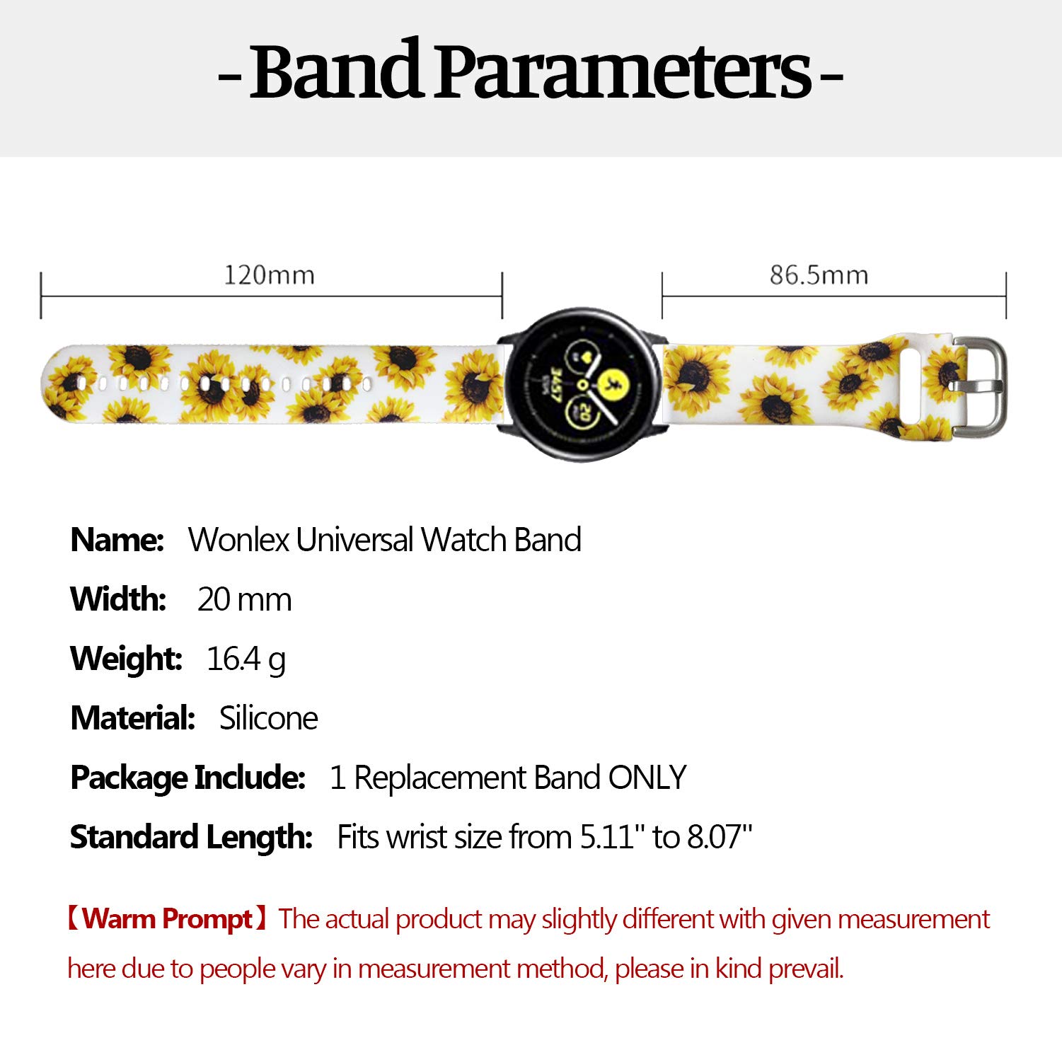 Universal Silicone Watch Band Replacement 20mm Soft Straps for Gizmo Samsung Galaxy Watch Active Gear Sport HUAWEI TicWatch White Sunflower - View 4 of 7