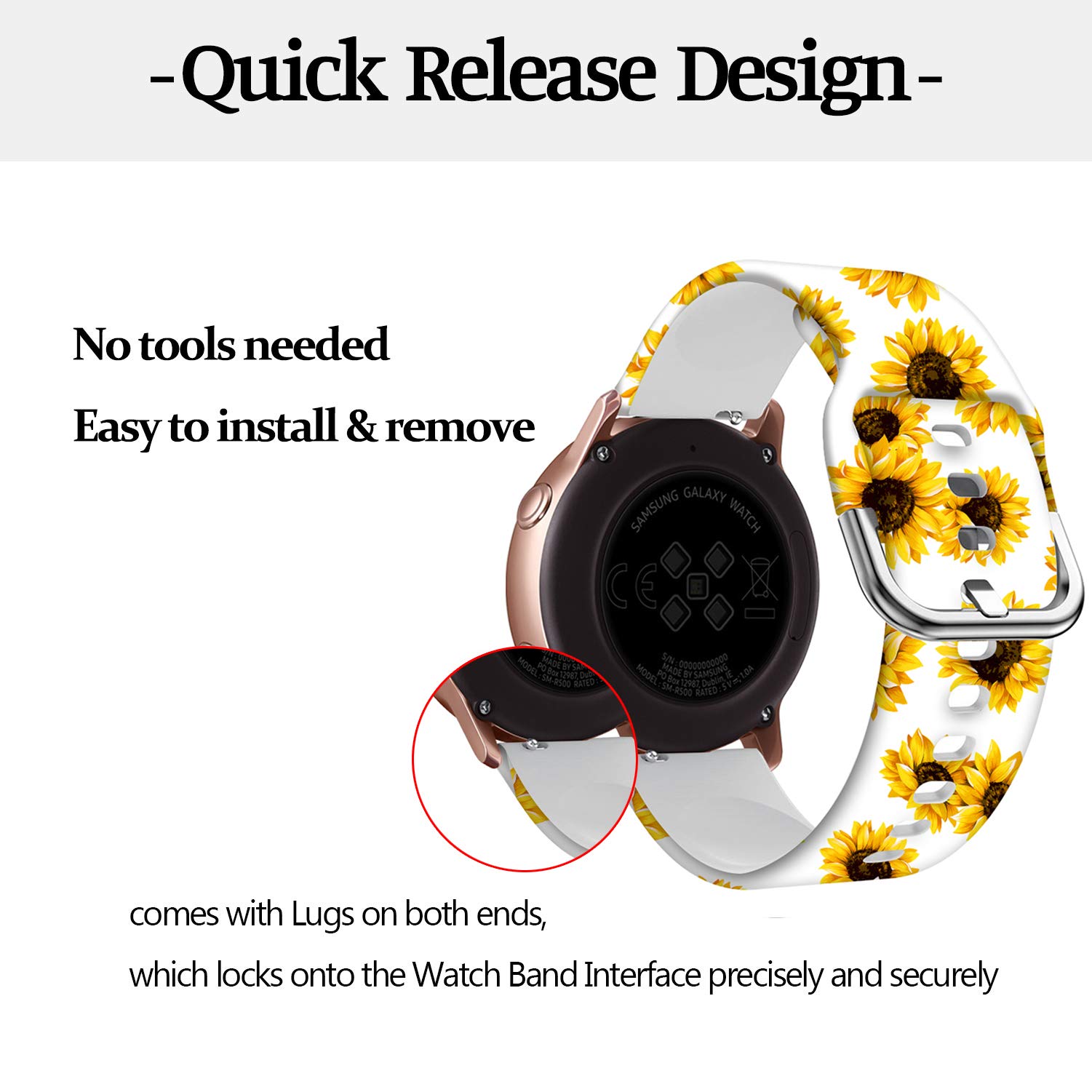 Universal Silicone Watch Band Replacement 20mm Soft Straps for Gizmo Samsung Galaxy Watch Active Gear Sport HUAWEI TicWatch White Sunflower - View 5 of 7