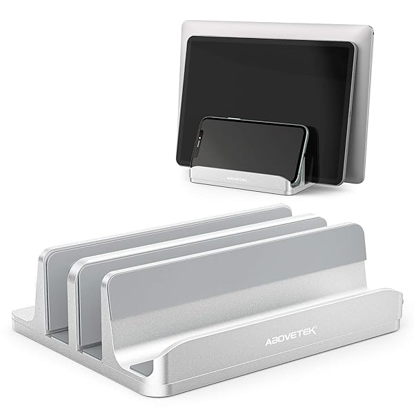 "AboveTEK Vertical Laptop Stand: 3-Slot Aluminum Dock for MacBook & Tablets - Heavy Duty, Anti-Slide, Universal Fit (Up to 17.3")"