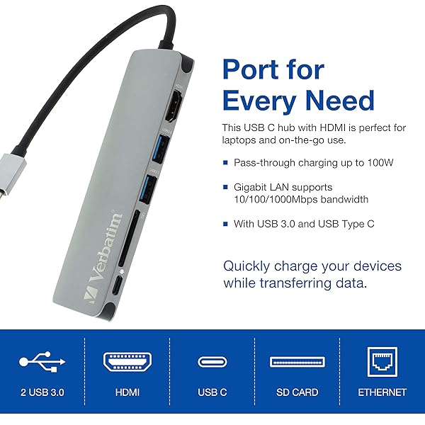 Verbatim Verbatim 6-in-1 USB C Hub: Compact USB Hub with 4K HDMI, Ethernet, SD Reader & 2 USB 3.0 Ports for Laptops - View 7 of 9