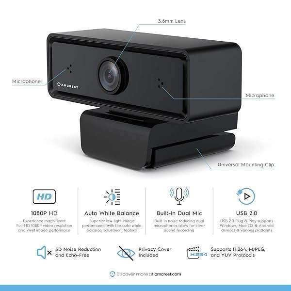 Amcrest Amcrest 1080P Webcam with Microphone & Privacy Cover - Ideal for Zoom, Skype, Online Classes & Meetings - View 2 of 8