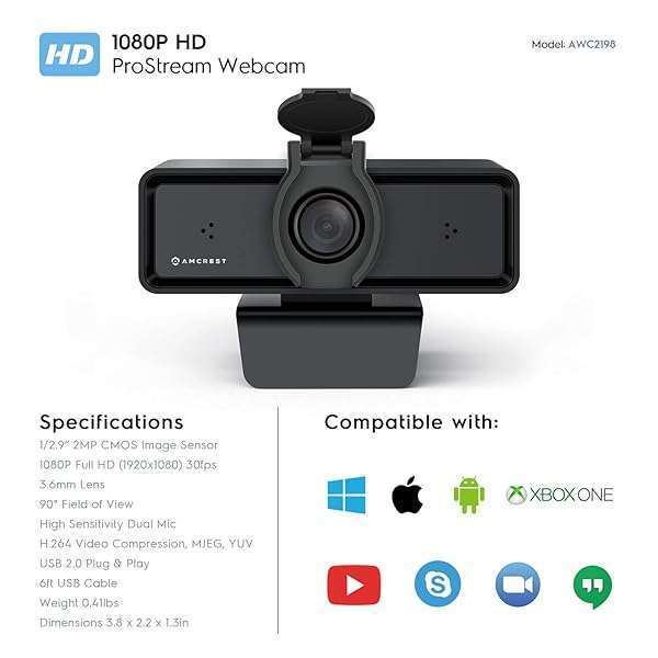 Amcrest Amcrest 1080P Webcam with Microphone & Privacy Cover - Ideal for Zoom, Skype, Online Classes & Meetings - View 7 of 8