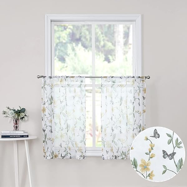 Tollpiz Buy Tollpiz Sheer Floral Tier Curtains - Yellow Flower & Butterfly Print, 30x36 inches, Set of 2 for Kitchen & Bathroom