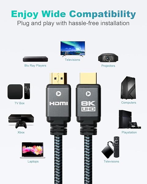 Yauhody Yauhody 8K HDMI Cable 3ft (5 Pack) - High Speed 48Gbps, Supports 8K@60Hz, 4K@120Hz, Durable Nylon Braided, eARC & Dynamic HDR - View 10 of 10