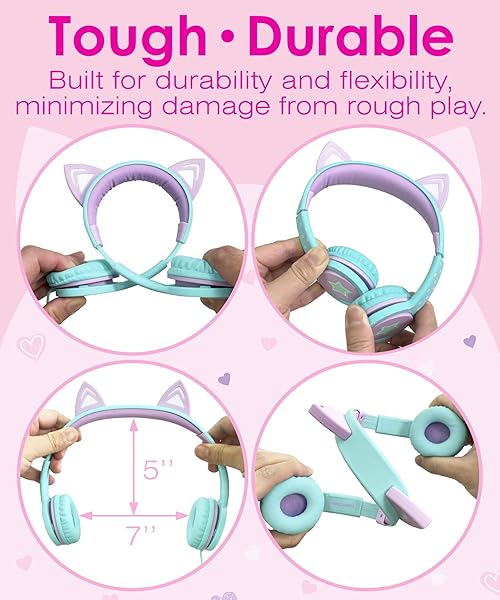 FosPower FosPower Kids Headphones with LED Cat Ears - Safe 85 dB Volume, Tangle-Free Cables for School & Travel - Teal/Purple - View 3 of 7
